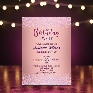 Invitación Elegante Rosa Brillo Metálico Rosa Cumpleaños 89