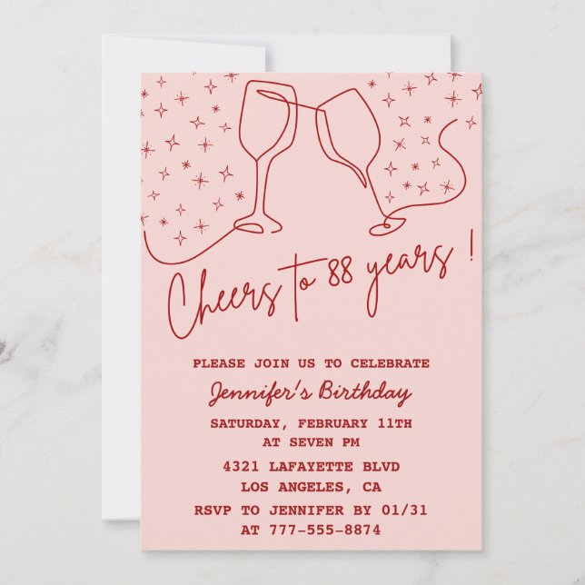 Invitación Elegante Rosa Brindis Champagne 88 cumpleaños (Anverso)