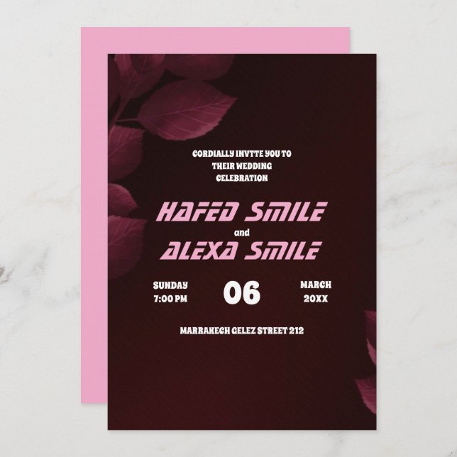 Invitación Elegante rosa burdeos y Boda de diseño floral (Anverso / Reverso)