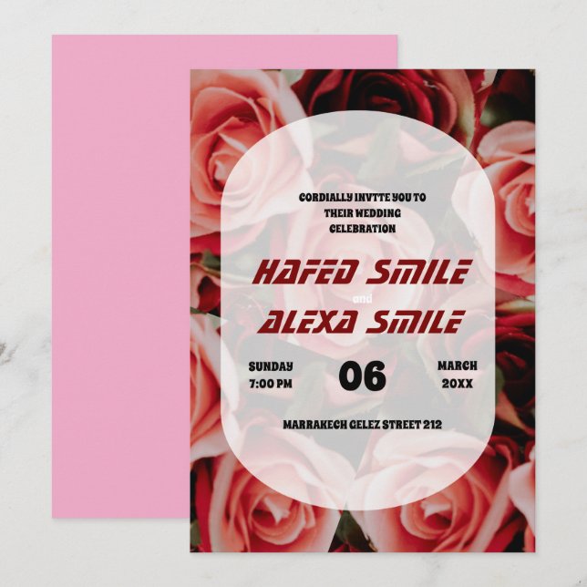 Invitación Elegante rosa burdeos y Boda de diseño floral (Anverso / Reverso)