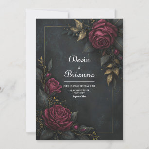 Invitación Elegante Rosa Burgundy Oscura con Hoja Daurada par