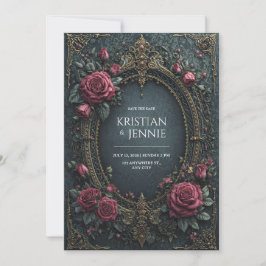 Invitación Elegante Rosa Burgundy Oscura Gótica Ovalada de Bo