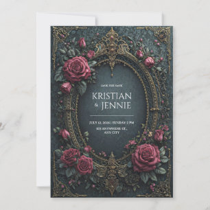 Invitación Elegante Rosa Burgundy Oscura Gótica Ovalada de Bo