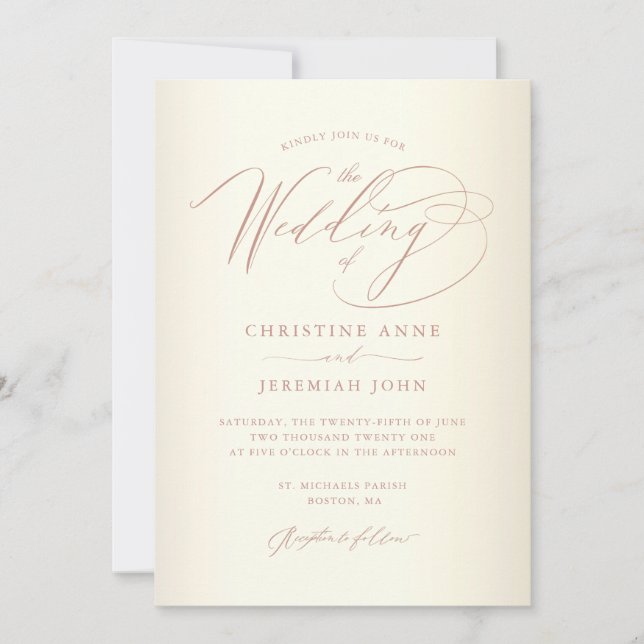 Invitación Elegante Rosa Caligrafía de oro Champagne Boda (Anverso)