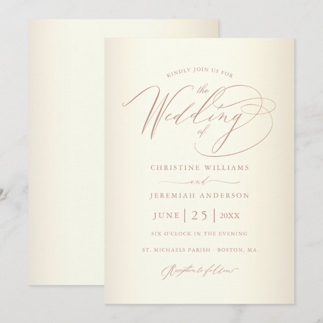 Invitación Elegante Rosa Caligrafía de oro Champagne Boda (Anverso / Reverso)