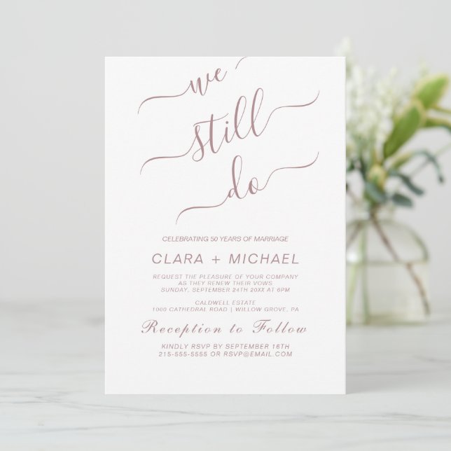 Invitación Elegante Rosa caligrafía de oro Vow Renewal Invita (Anverso de pie)