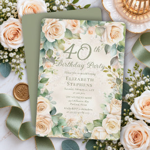 Invitación Elegante Rosa Champán Salvia Floral Cumpleaños 40