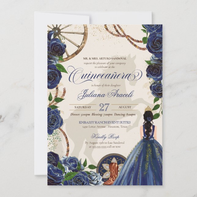 Invitación Elegante Rosa Charro Azul Rancho Occidental Quince (Anverso)
