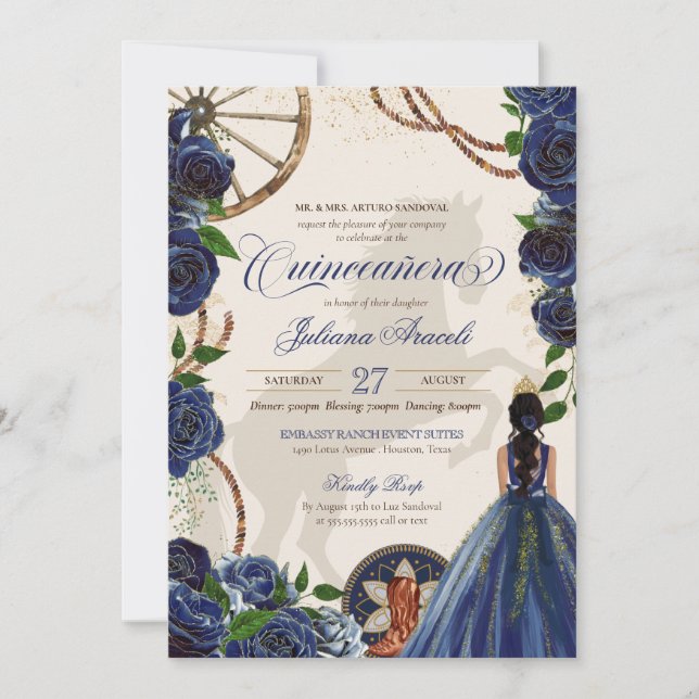 Invitación Elegante Rosa Charro Azul Rancho Occidental Quince (Anverso)