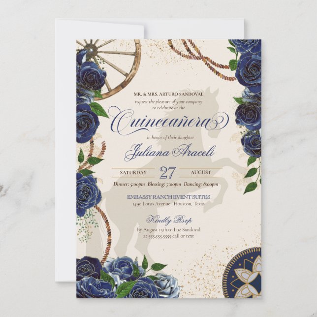 Invitación Elegante Rosa Charro Azul Rancho Occidental Quince (Anverso)