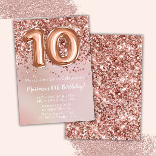 Invitación Elegante Rosa Chica de niños de oro 10 cumpleaños