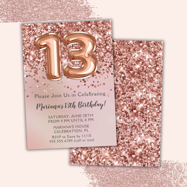 Invitación Elegante Rosa Chica de Niños Oro 13 cumpleaños (Subido por el creador)
