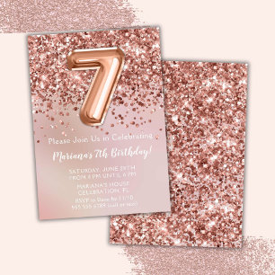 Invitación Elegante Rosa Chica de Niños Oro Séptima Fiesta de