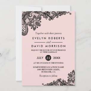 Invitación Elegante rosa claro con Boda formal de encaje negr