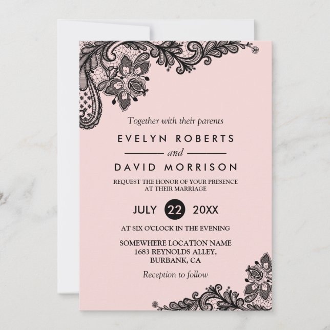 Invitación Elegante rosa claro con Boda formal de encaje negr (Anverso)