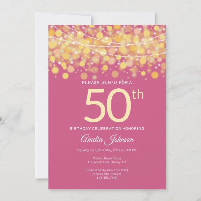Invitación Elegante rosa con cadenas de oro Luces de 50 años (Anverso)