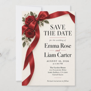 Invitación Elegante Rosa con Cinta Roja para Salvar la Fecha