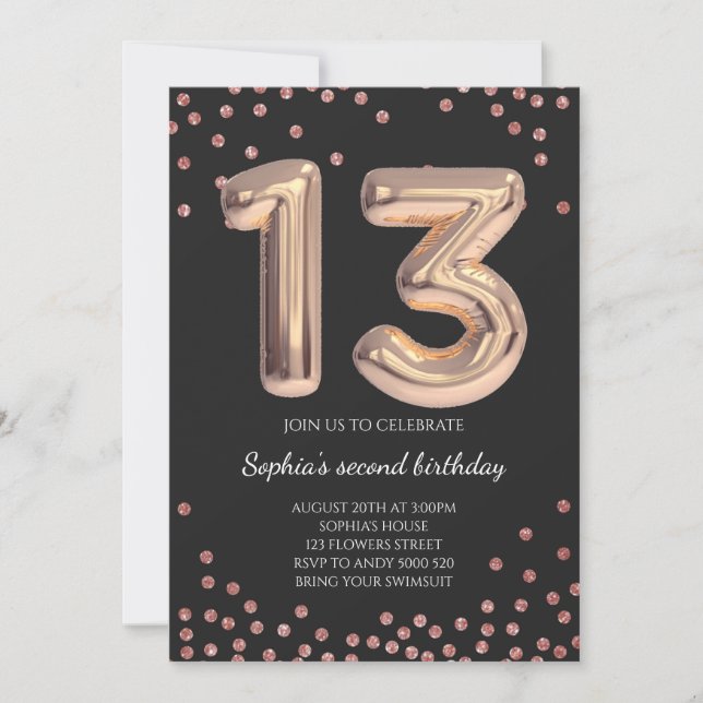 Invitación Elegante Rosa Confetti 13 Chica de cumpleaños (Anverso)