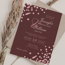 Invitación Elegante Rosa Confetti de oro QR Boda Borgoña Rojo