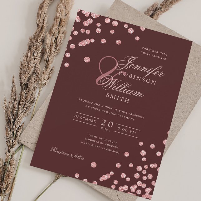 Invitación Elegante Rosa Confetti de oro QR Boda Borgoña Rojo (Elegant Rose Gold Confetti QR Wedding Burgundy Red Invitation)