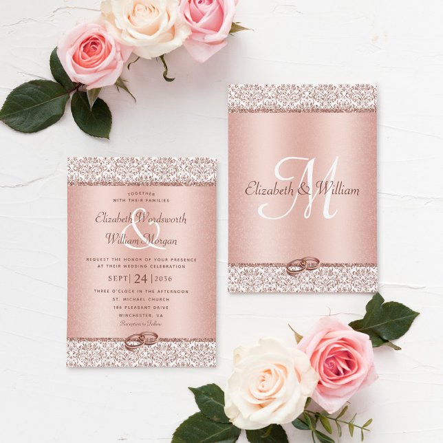 Invitación Elegante Rosa Damask Monograma dorado Boda (Subido por el creador)