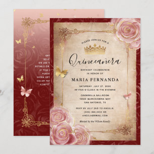 Invitación Elegante Rosa de acuarela rosa Quinceanera de oro