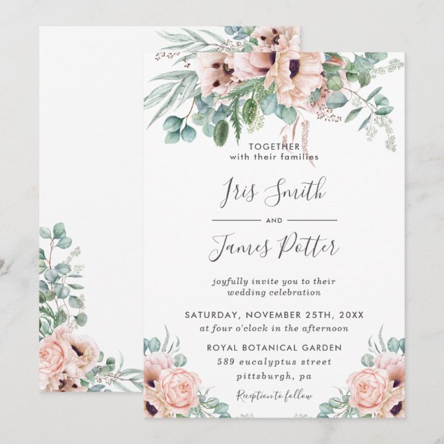 Invitación Elegante Rosa de amapola de Rubor Boda Floral Gree (Anverso / Reverso)