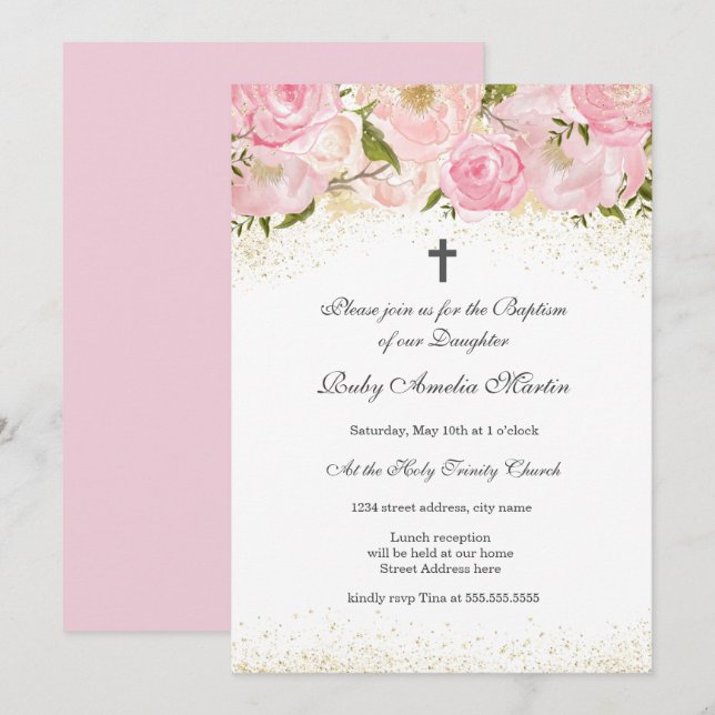 Invitación Elegante Rosa de Baptismo con mancha de oro rosa (Anverso / Reverso)