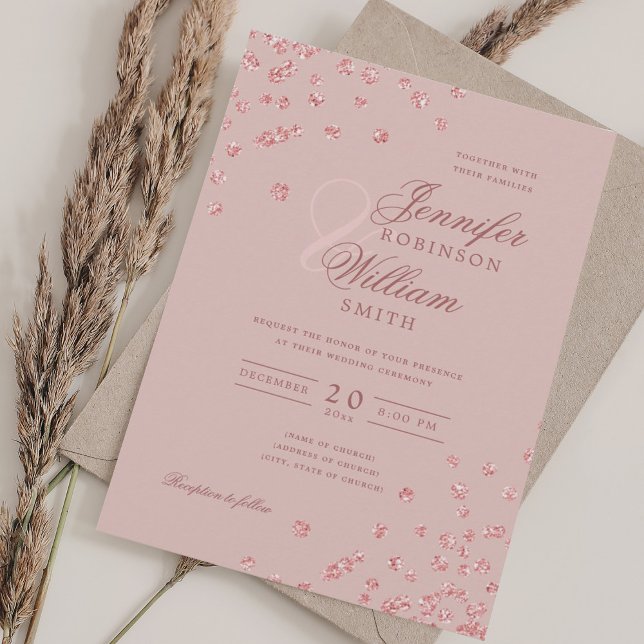 Invitación Elegante Rosa de Boda Confetti de oro Rubor Rosa (Elegant Wedding Rose Gold Confetti Blush Pink Invitation)
