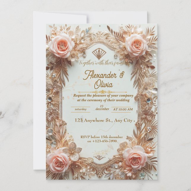 Invitación Elegante Rosa de Boda de Oro con Floral (Anverso)