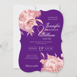 Invitación Elegante Rosa de Boda Dorada Floral y Relieve meta