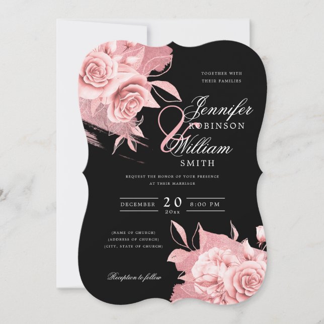 Invitación Elegante Rosa de Boda Dorada Floral y Relieve meta (Anverso)
