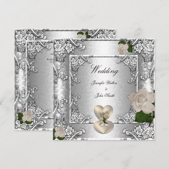 Invitación Elegante Rosa de Boda Plateada Blanca (Anverso / Reverso)