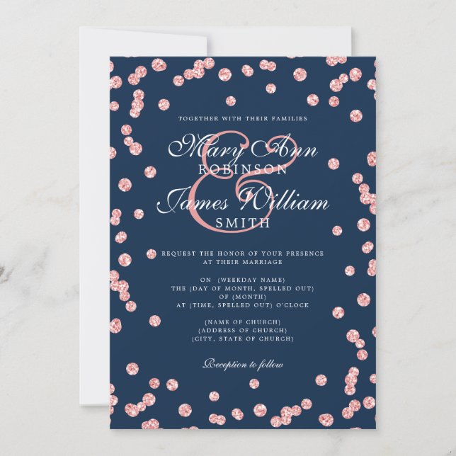 Invitación Elegante Rosa de Boda Purpurina de oro Armada Conf (Anverso)