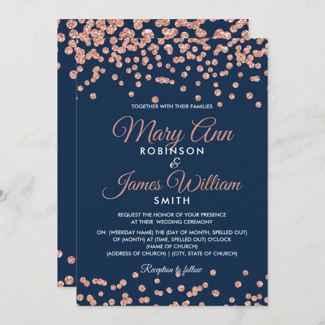 Invitación Elegante Rosa de Boda Purpurina de oro Confetti (Anverso / Reverso)