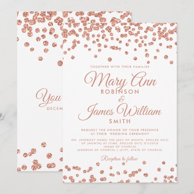 Invitación Elegante Rosa de Boda Purpurina de oro Confetti Bl (Anverso / Reverso)