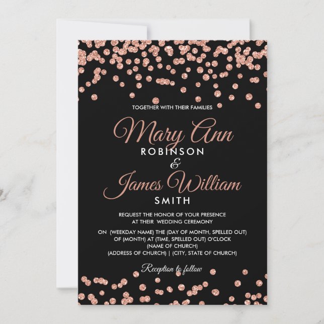 Invitación Elegante Rosa de Boda Purpurina de oro Confetti Ne (Anverso)