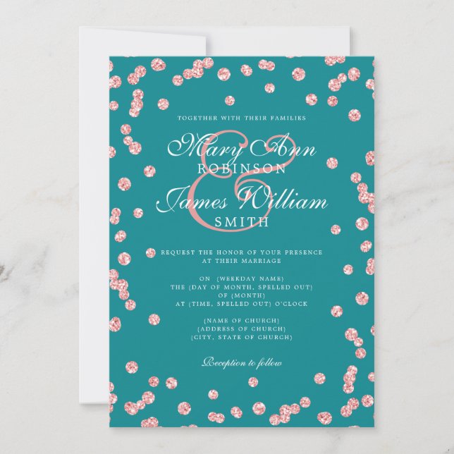 Invitación Elegante Rosa de Boda Purpurina de oro Confetti Ve (Anverso)