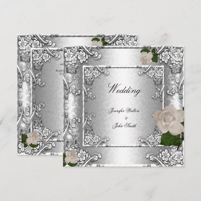 Invitación Elegante Rosa de Bodas Plata Blanco 2 (Anverso / Reverso)