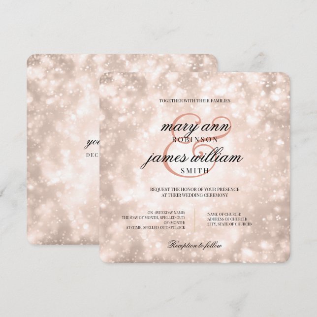 Invitación Elegante Rosa de Bokeh de champán de oro (Anverso / Reverso)