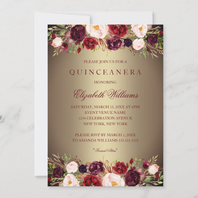 Invitación Elegante Rosa de Borgoña Dorado Invitado Quinceane (Anverso)