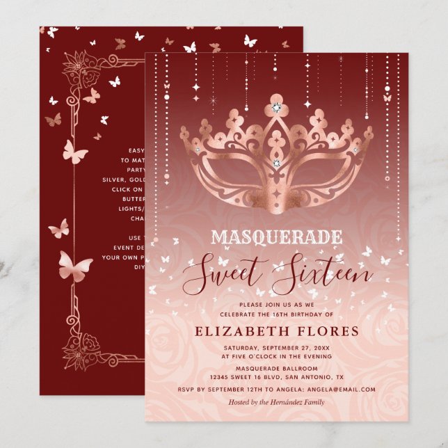 Invitación Elegante Rosa de Borgoña Dulce Mascarada de Oro 16 (Anverso / Reverso)