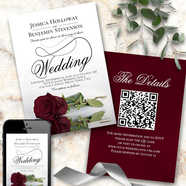 Invitación Elegante Rosa de Borgoña guión de moda Boda de cód (Subido por el creador)