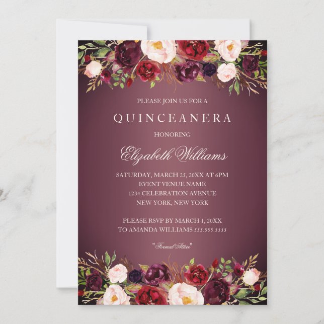 Invitación Elegante Rosa de Borgoña Quinceanera Invite (Anverso)