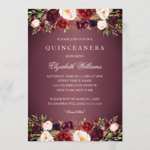 Invitación Elegante Rosa de Borgoña Quinceanera Invite