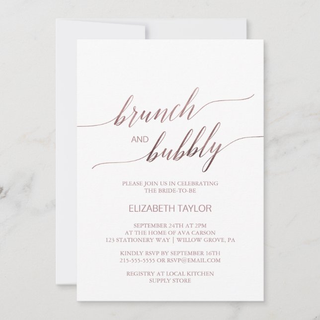 Invitación Elegante Rosa de caligrafía de oro Brunch & Bubbly (Anverso)