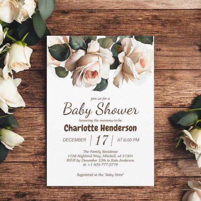 Invitación Elegante Rosa de Chica Beige Baby Shower (Elegant Beige Rose Girl Baby Shower Invitation)