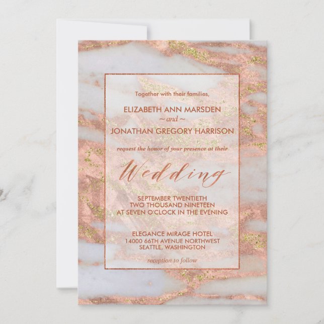 Invitación Elegante Rosa de cobre Purpurina de mármol de oro  (Anverso)