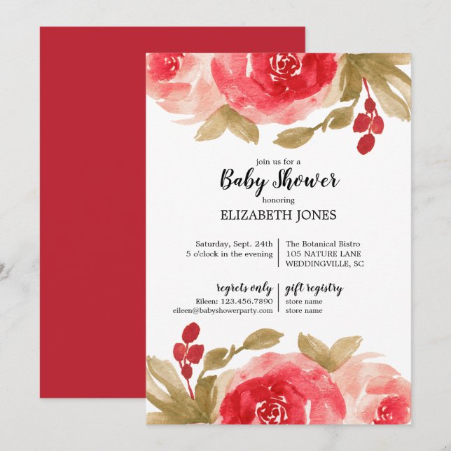 Invitación Elegante Rosa de color rojo Baby Shower (Anverso / Reverso)