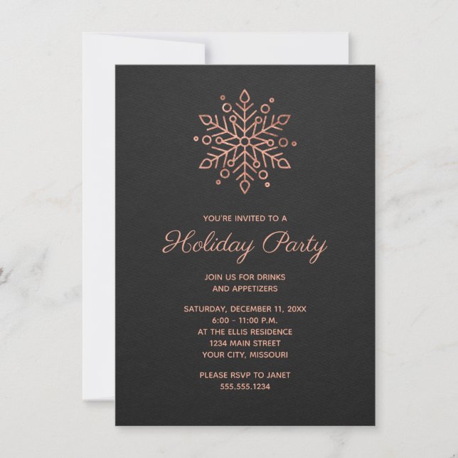 Invitación Elegante Rosa de copos de nieve Navidades de oro F (Anverso)